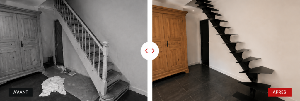 Avant et après de la réalisation d'un escalier métallique sur mesure par RCT Farges à Saint-Vérand.