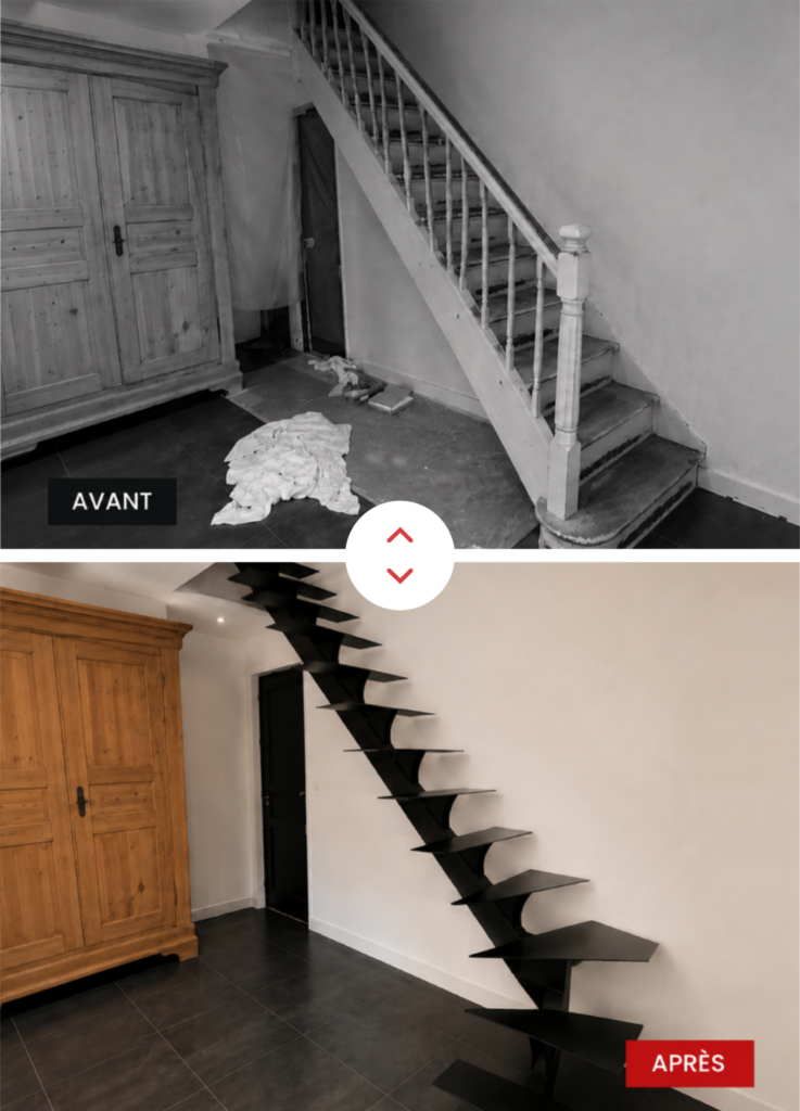 Avant et après de la réalisation d'un escalier métallique sur mesure par RCT Farges à Saint-Vérand.