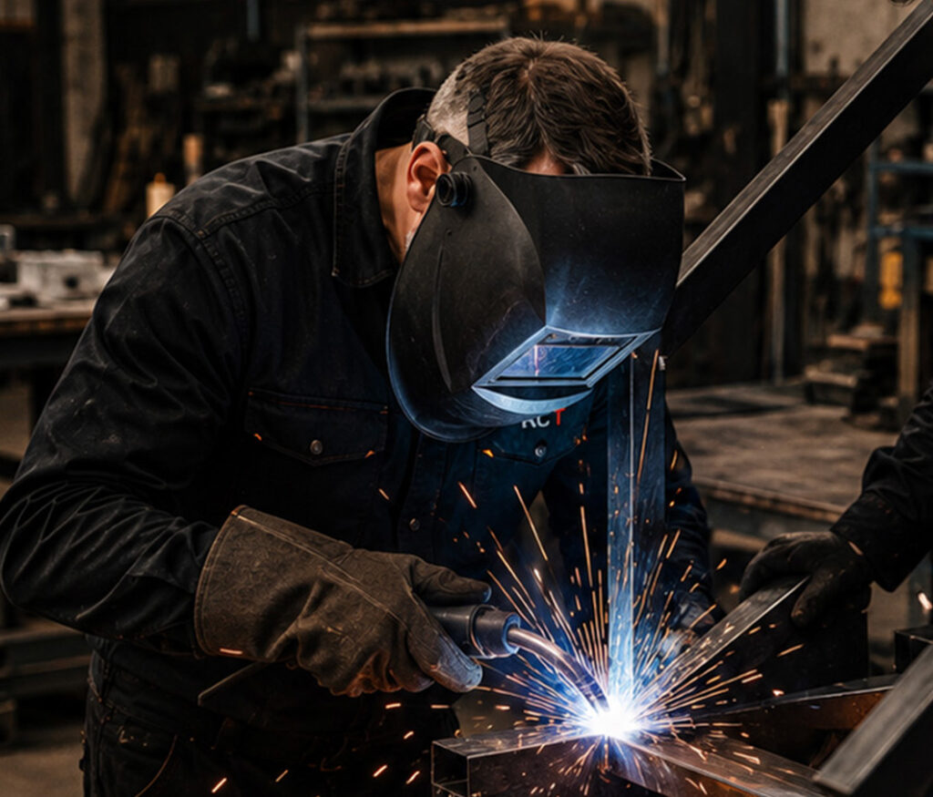 Artisan métallier réalisant une soudure sur un ouvrage métallique dans l'atelier RCT Farges à Saint-Vérand.
